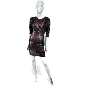 Vtg Yvonne LeFleur Italy Metallic Swirl Open Back Holiday Cocktail Dress Petite